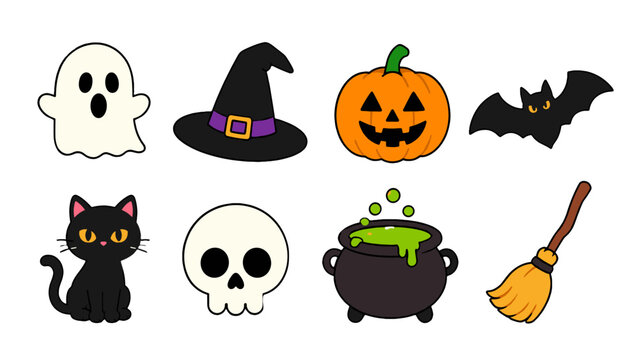 Halloween sketch icon set with ghost pumpkin bat and cat
