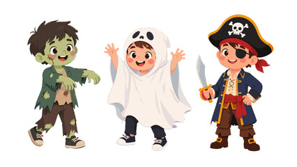 Cute kids in zombie ghost and pirate Halloween costumes