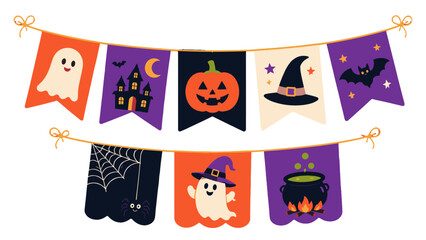 Fototapeta premium Halloween banner set with ghost pumpkin bat and witch hat
