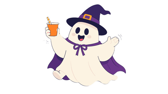 Cute cartoon ghost in witch hat holding orange drink
