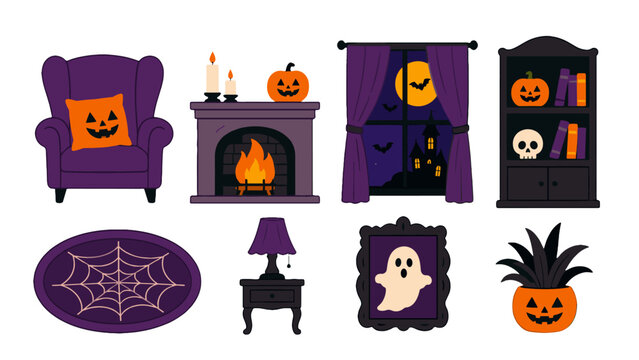 Halloween living room decor set with spooky interior elements