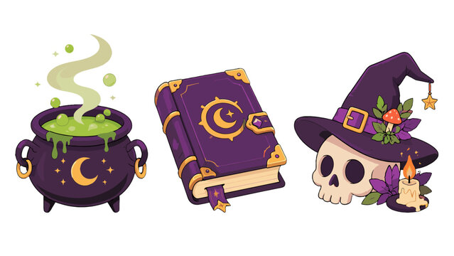 Halloween magic icon set with cauldron spellbook and skull