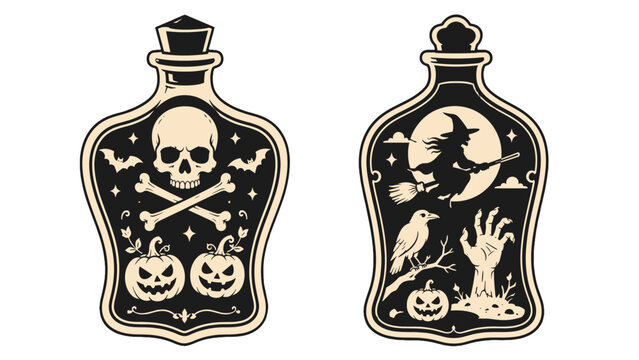 Vintage Halloween potion bottle labels with spooky icons