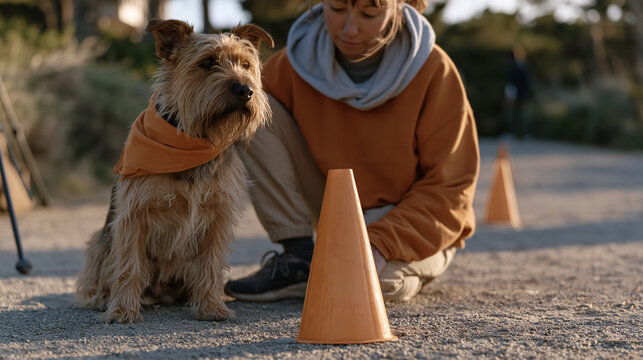 Behavior consultant sets up a threshold desensitization exercise for a reactive rescue terrier in a quiet park path, placing distance markers on the ground with orange cones while