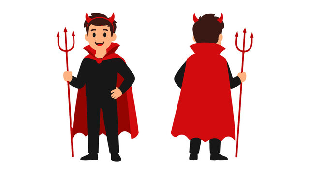 Boy in devil costume with cape and trident front and back