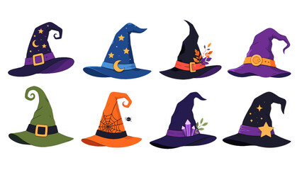 Fototapeta premium Set of colorful Halloween witch hats isolated on white