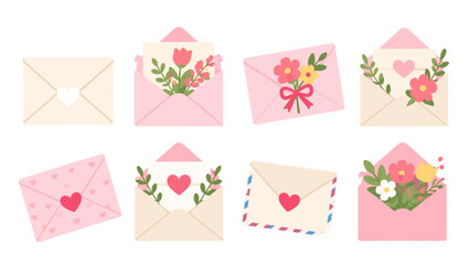 Naklejka premium Set of pastel envelopes with hearts, flowers, and greeting cards