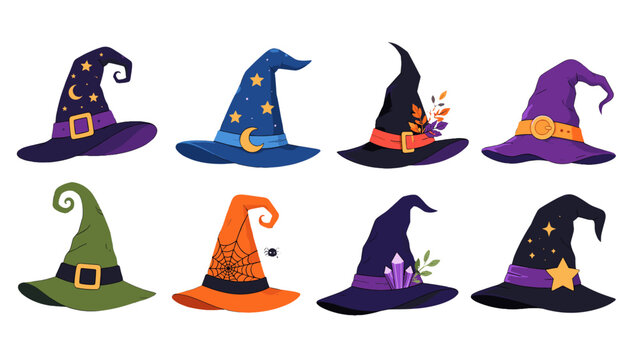 Set of colorful Halloween witch hats isolated on white