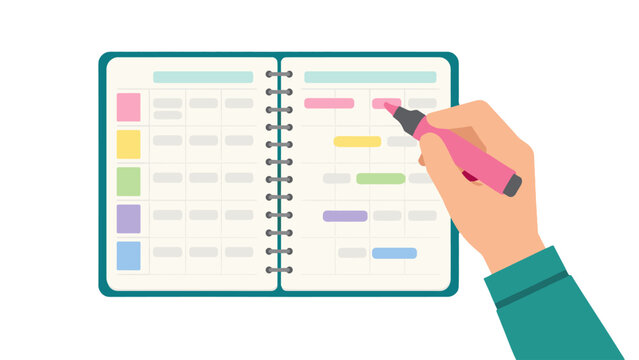 Hand marking schedule in spiral planner with pink highlighter