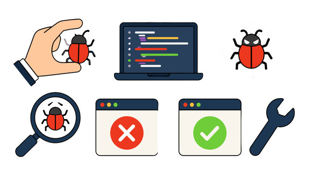 Cybersecurity bug fixing and malware detection vector icon set