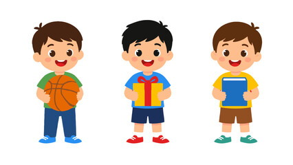 Fototapeta premium Three cartoon boys holding a basketball, gift box, and book