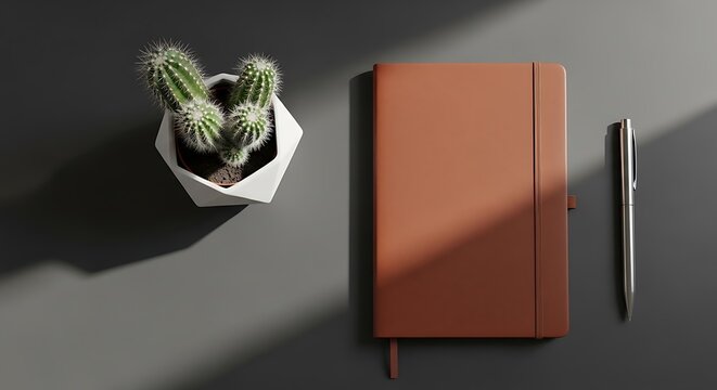 Brown leather journal and green cactus.