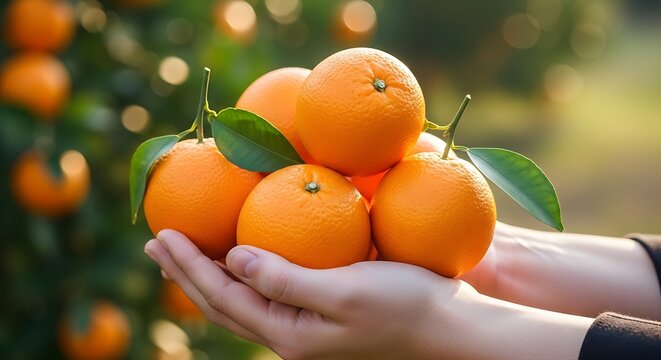 Fresh oranges in a persons hands.