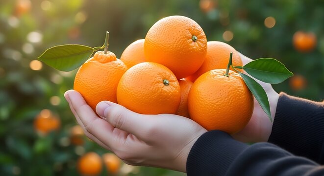 Hands holding a bunch of oranges.