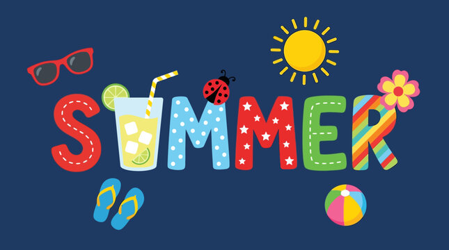 A colorful summer graphic design with the word Summer surrounded by sunglasses, a drink, flip flops, a ladybug, a ball, and flowers.
