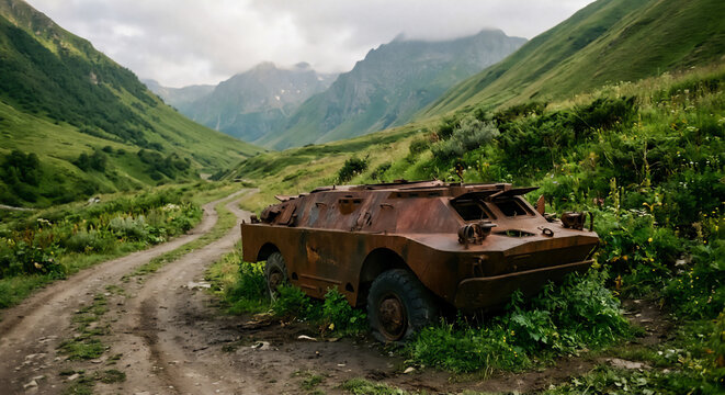 Abandoned rusted military armored vehicle on a dirt road in a lush green mountain valley