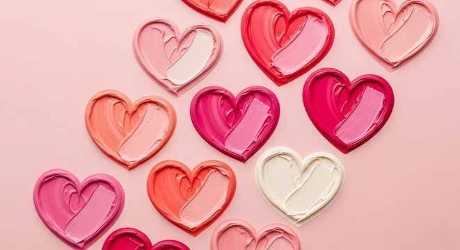 Colorful hearts on pink background.
