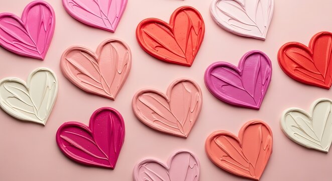 Colorful hearts on pink background.