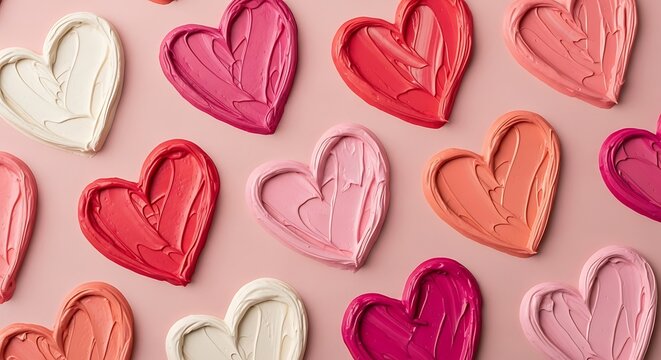 Colorful hearts on pink background.