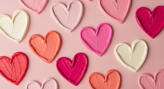Colorful hearts on pink background.