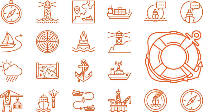 Detailed marine navigation and nautical icons set with lighthouses ships and global logistics