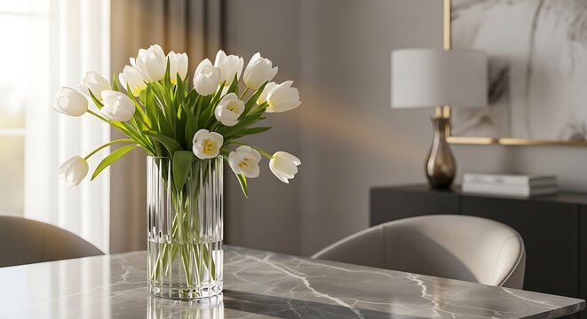 White Tulips on Marble Dining Table.