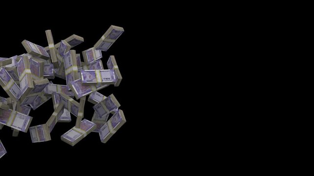 3D Animation of Rolling 100 Indian Rupee Banknote Stacks Moving Across Black Background