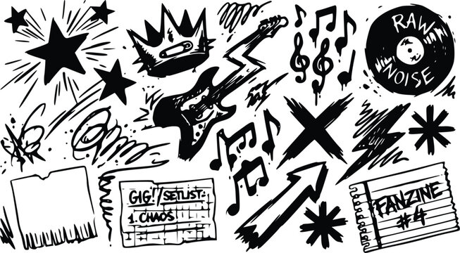 This black and white vector illustration features punk rock music elements like guitars, crowns, stars, records, and scribbled hand-drawn notes.