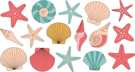Seashell collection with colorful ocean scallops and starfish elements, hand drawn summer beach clip art for marine design layouts, flat vector graphics. © suborna