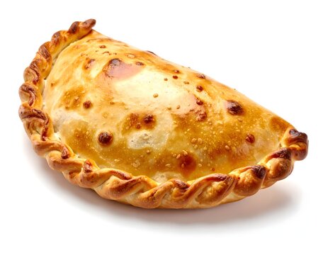 Single golden baked meat empanada isolated on white background with empanada
