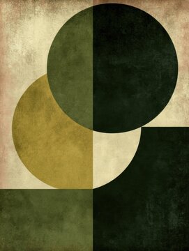 This design features bold geometric shapes in olive and cream, capturing a vintage educational theme from the 1940s era.
