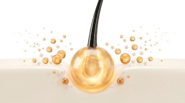 Hair follicle serum bubble absorbing into scalp skin with golden oil droplet