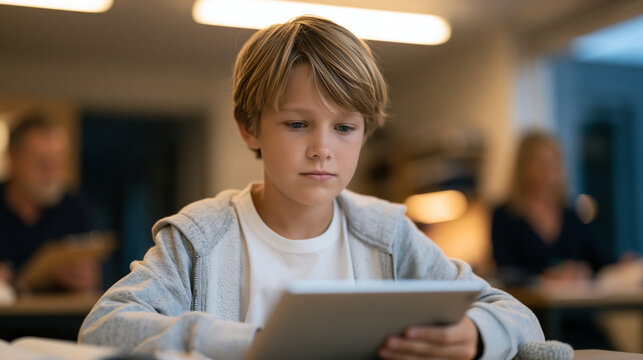Young student with ADHD using a learning disability accommodation timer and focus tool on a tablet in a quiet testing room, fidget tool resting beside the device, an exam proctor