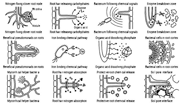 Scientific diagram of soil microbiology and plant root interactions with bacteria and fungi.