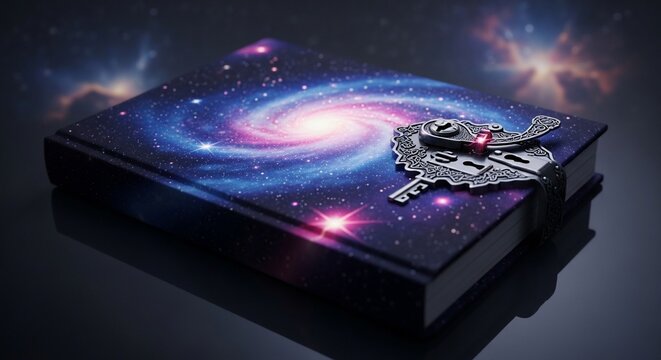 A mysterious book with a galaxy pattern cover and a decorative key lock resting on a dark reflective surface