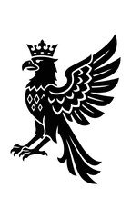 Naklejka premium Heraldic bird in profile wearing an ornate regal crown with geometric wing patterns in a bold flat style on a solid white background majestic emblem concept