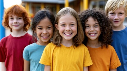 Fototapeta premium Group of diverse cheerful fun happy multiethnic children outdoors at the schoolyard 