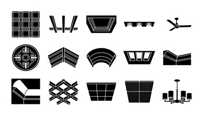 Modern ceiling design icons set, architectural interior lighting and molding elements, 15 black vector silhouettes for home renovation © Sajid