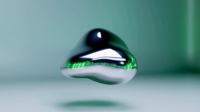Suspended glossy metallic droplet slowly shifting reflected color against soft gradient background with smooth curves, bright highlights, subtle shadow, and abstract futuristic mood