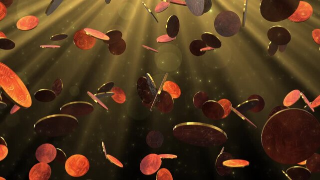 Falling Copper Euro Cent Coins with Shimmering Light Rays and Golden Particle Background