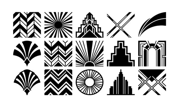 Art Deco design elements set, vintage 1920s geometric patterns and sunburst icons, black and white Gatsby style vector graphics for luxury branding