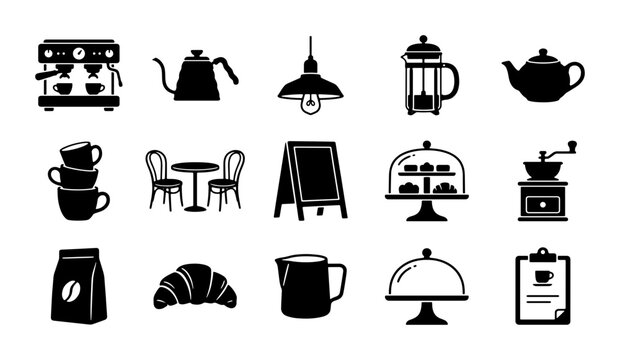 Minimalist coffee shop icons, set of 15 black vector silhouettes for cafe branding, professional espresso machine and barista equipment graphics