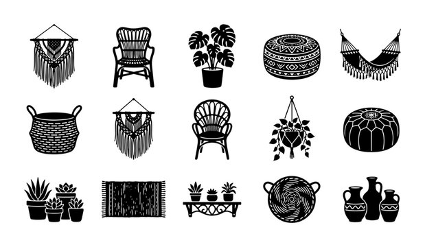Boho interior design icons set, bohemian home decor vector elements, black silhouette macrame and rattan furniture, 15 cozy lifestyle illustrations