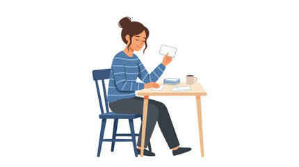 Fototapeta premium Young woman sitting at a desk holding a small card and looking thoughtful, vector illustration