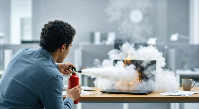 Employee using a red fire extinguisher on a burning laptop. Emergency fire suppression of a computer in a modern office workplace