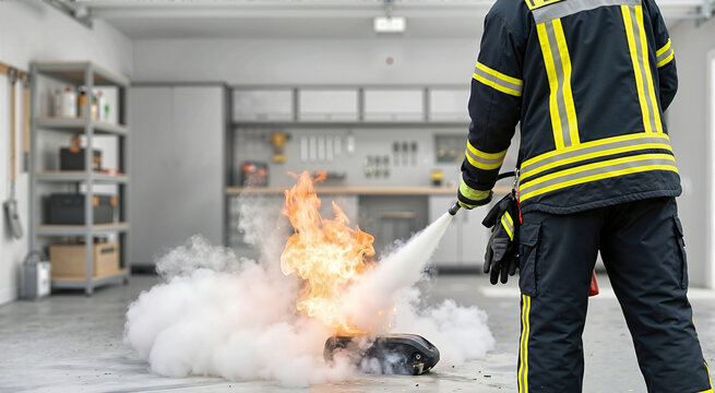 Firefighter in protective gear suppressing a burning lithium-ion battery. First responder extinguishing an electric battery fire in a garage workshop. Thermal runaway hazard concept