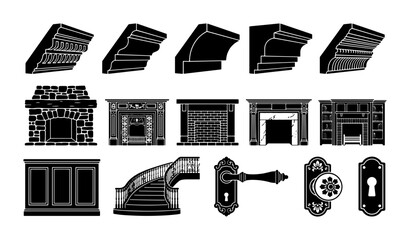 Vintage architectural interior elements set, classic fireplace mantels and crown molding silhouettes, antique door hardware and staircase vector icons © Sajid