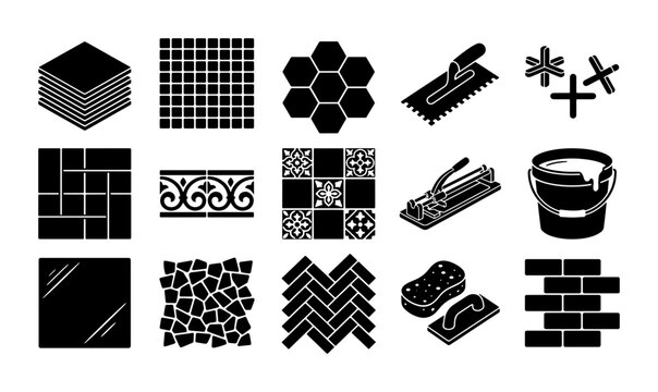 Ceramic tile installation icons set, 15 black silhouette flooring and masonry tools, bathroom renovation and tiling equipment vector collection