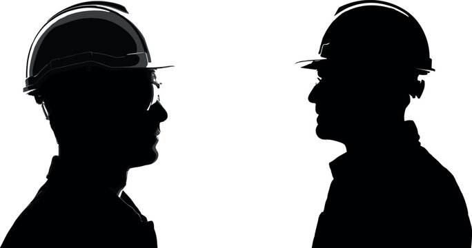 Black silhouettes of construction workers wearing hard hats facing each other, side profile vector illustration isolated on white background