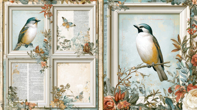 vintage collage background with beautiful birds butterfly antique picture frames retro book pages and colorful flowers elegant victorian style botanical illustration scrapbook wallpaper pattern